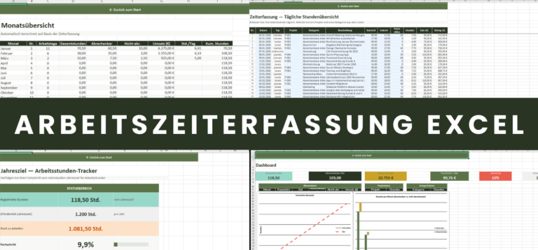 Arbeitszeiterfassung Excel Vorlage mit Dashboard Jahresziel-Tracker und Projektübersicht
