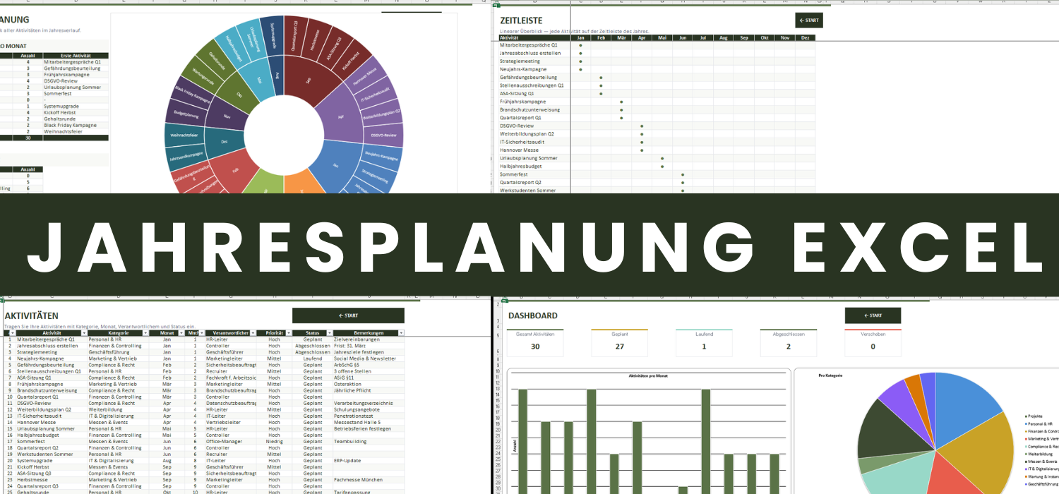 Jahresplanung Excel Vorlage mit Sunburst-Diagramm und Dashboard