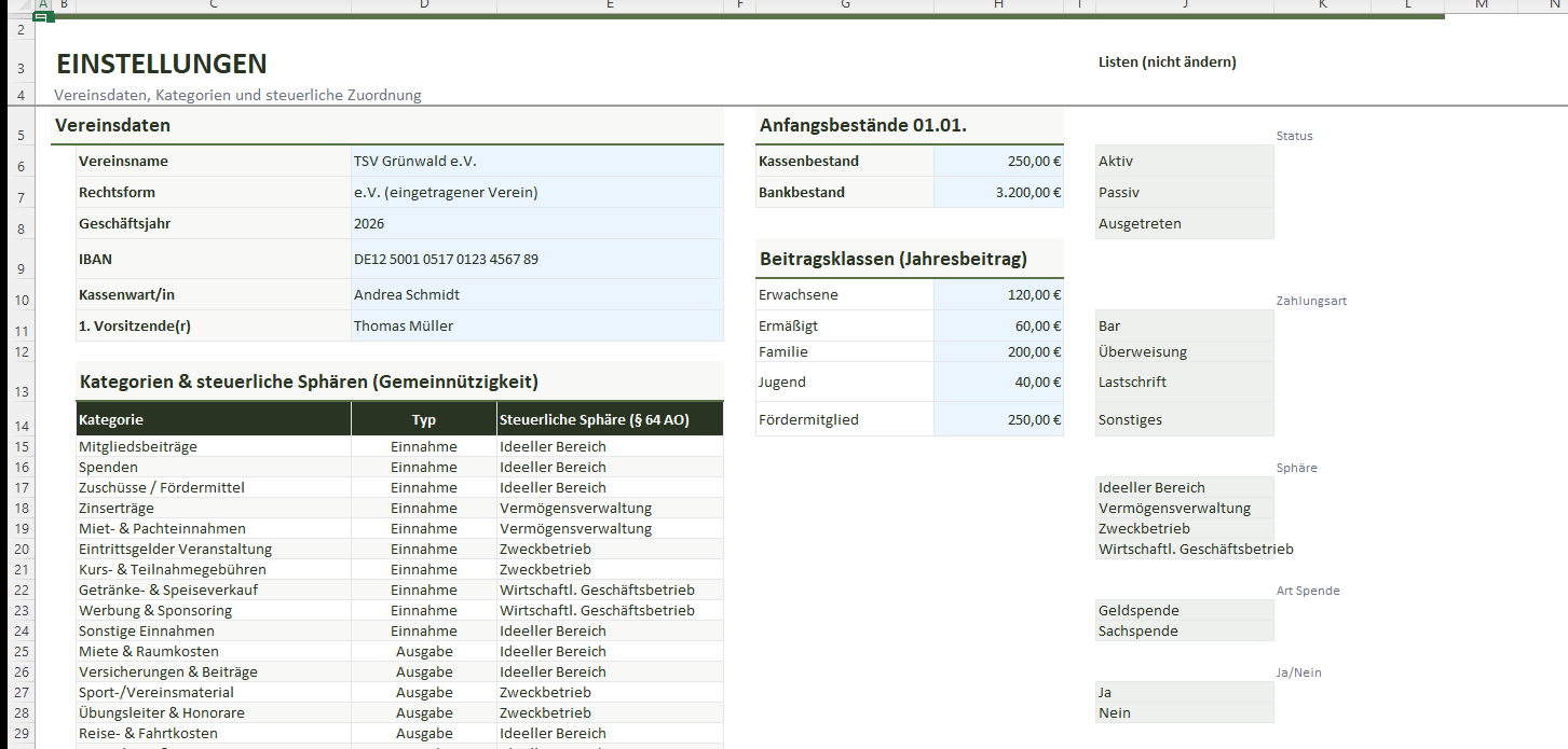 Einstellungen mit Vereinsdaten, Kategorien und Beitragsklassen
