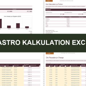 Gastro Kalkulation Excel mit Dashboard, Rezeptkarte, Zutaten und Rezepturen